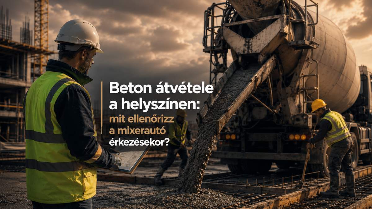 Beton átvétele a helyszínen mixerautó érkezésekor, ellenőrzést végző szakemberrel