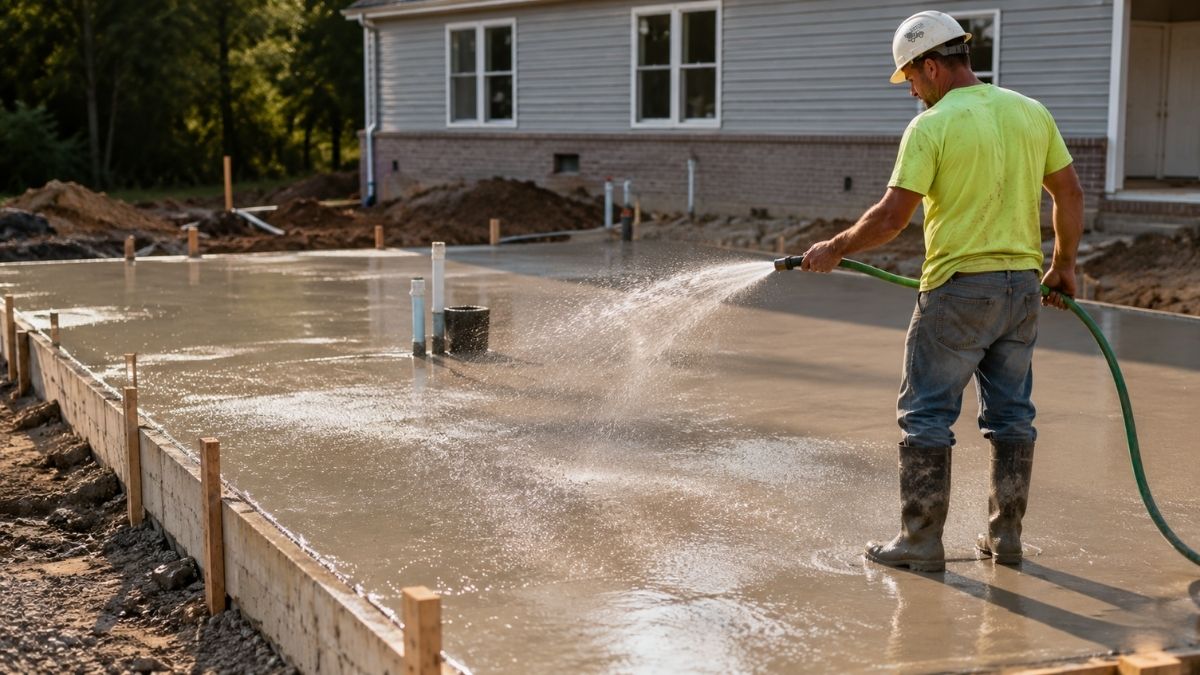 Friss beton locsolása és utókezelése családi ház alapozásánál