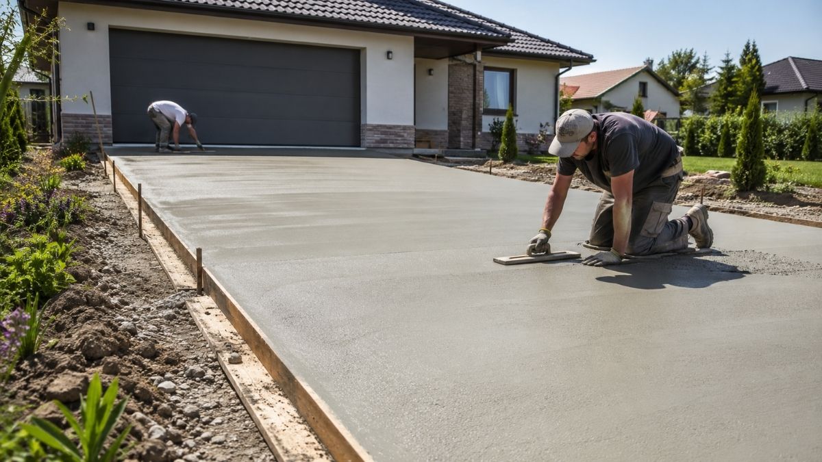 Kocsibeálló betonozása családi háznál friss beton simításával