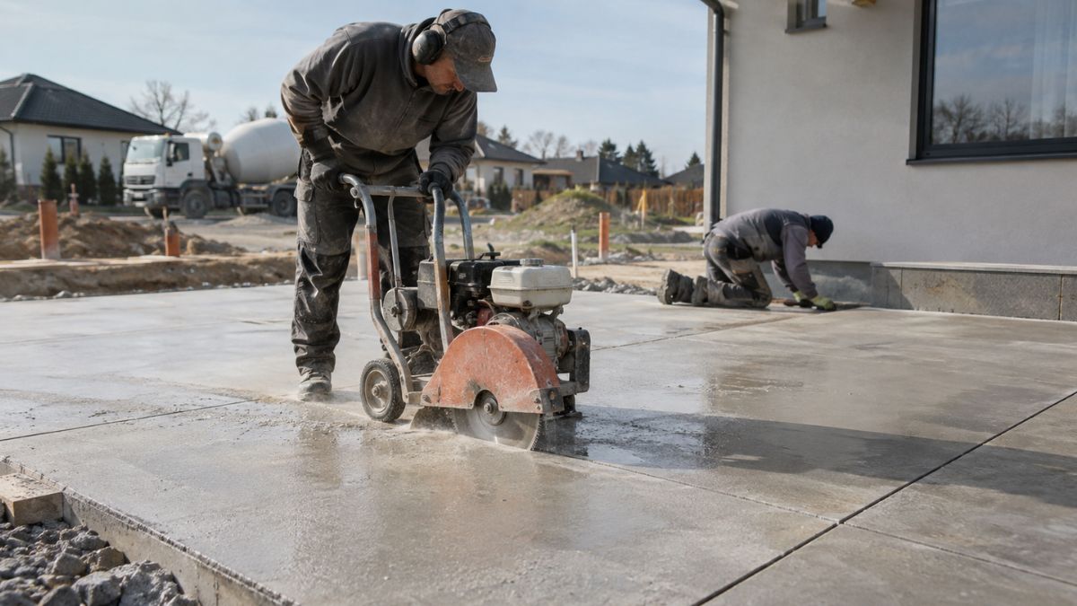 Beton dilatáció vágása friss betonfelületen családi ház építésénél