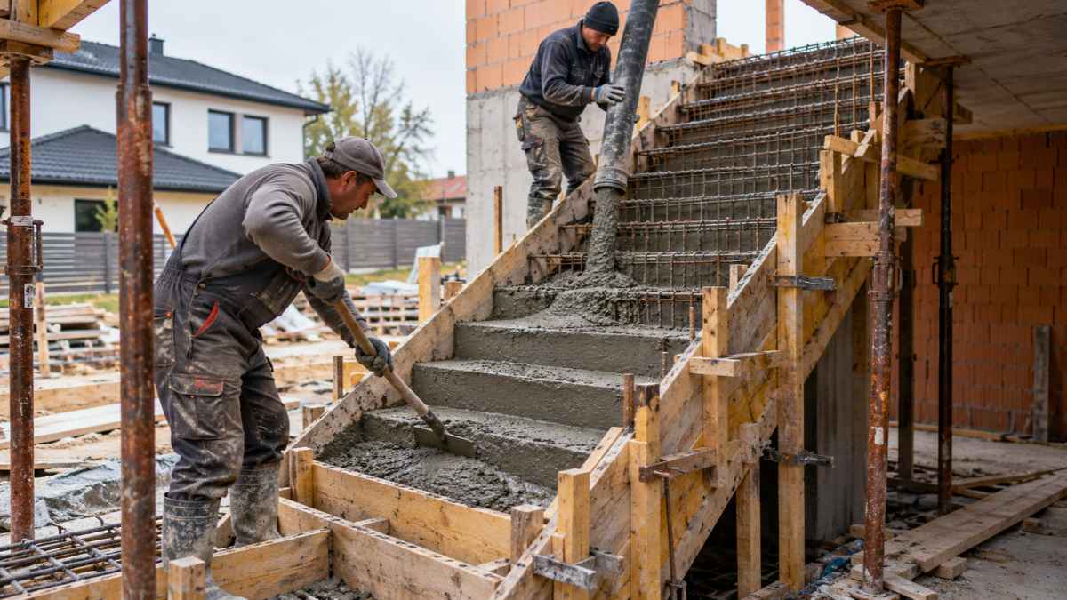 Betonlépcső készítése vasalással és friss beton bedolgozásával