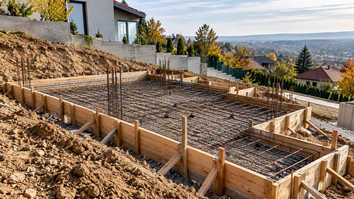 Betonozás előkészítése lejtős telken, zsaluzattal és betonacél vasalással