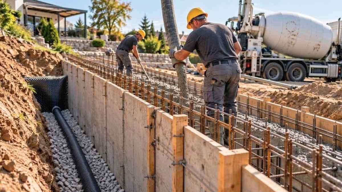 Támfal betonozása építkezésen, betonacél-vasalással, zsaluzattal és mixerbeton szállítással