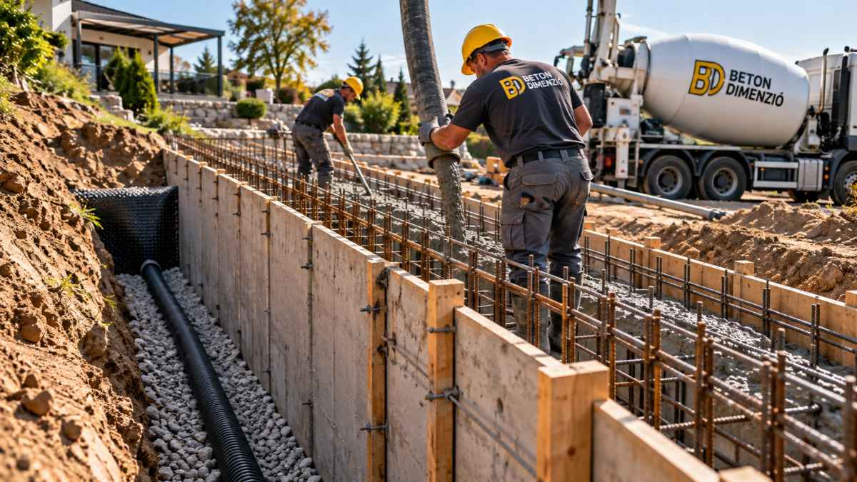 Támfal betonozása vasalással, zsaluzással és vízelvezető cső kialakításával